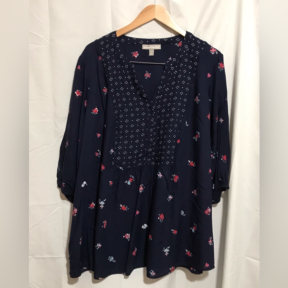 NWOT Women's Woman Within Size 22/24 1X Navy Floral Peasant Top Printed Henley